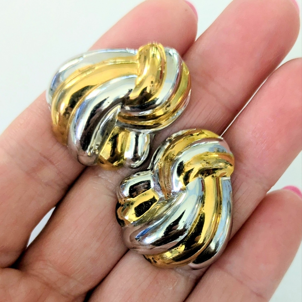 GORGEOUS STERLING SILVER & GOLD PLATED LARGE MODERNIST CHUNKY STUD EARRINGS